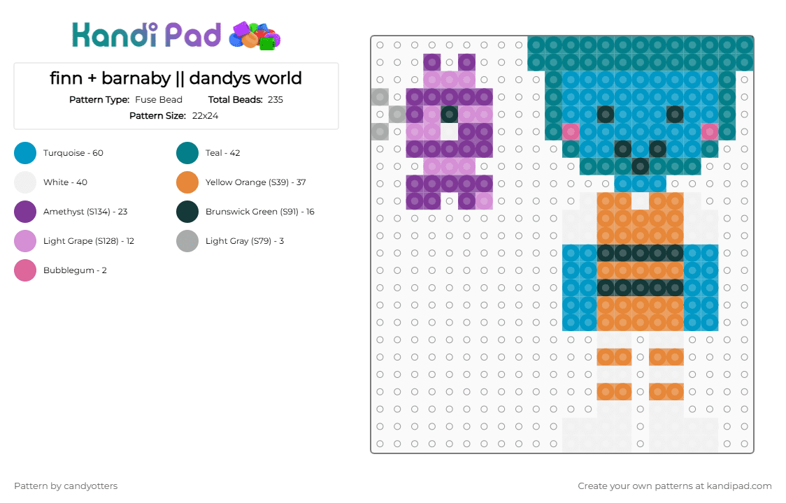 finn + barnaby || dandys world - Fuse Bead Pattern by candyotters on Kandi Pad - dandysworld, fishy, light blue, orange, pink, roblox, teal