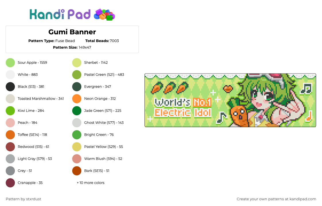 Gumi Banner - Fuse Bead Pattern by stxrdust on Kandi Pad - green,yellow,beige