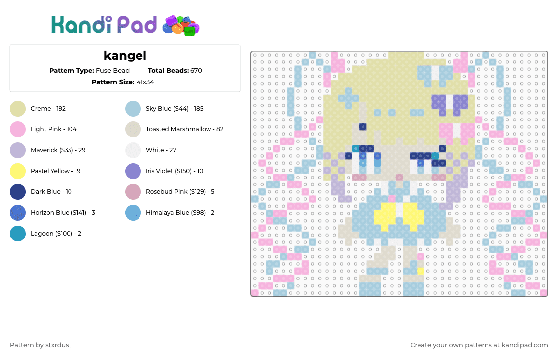 kangel - Fuse Bead Pattern by stxrdust on Kandi Pad - pink,light blue,yellow