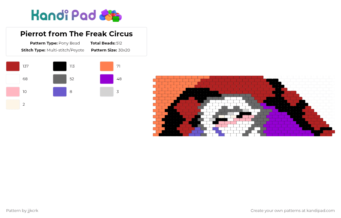 Pierrot from The Freak Circus - Pony Bead Pattern by jjkcrk on Kandi Pad - red,gray,orange