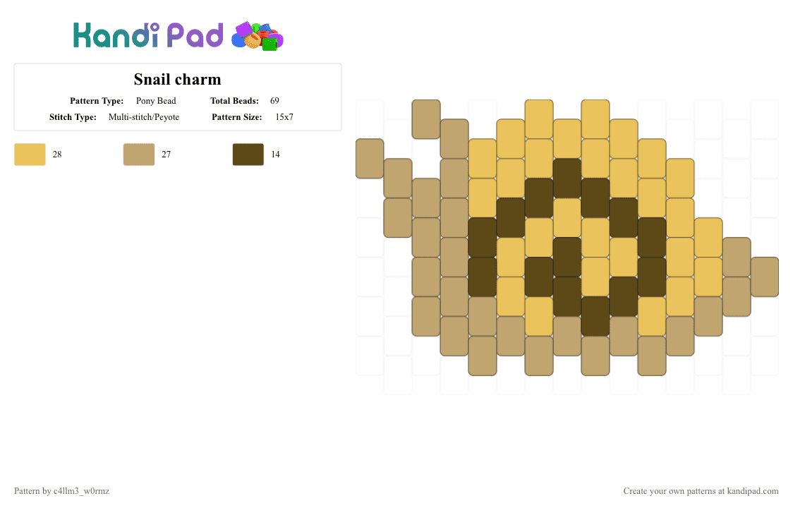 Snail charm - Pony Bead Pattern by c4llm3_w0rmz on Kandi Pad - beige,yellow,nature,bug,brown