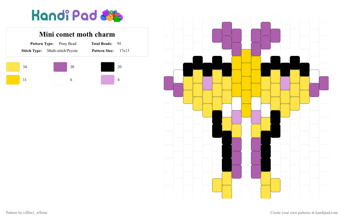 Mini comet moth charm - Pony Bead Pattern by c4llm3_w0rmz on Kandi Pad - pink,yellow,bug,insect,purple,black,white,cute,simple