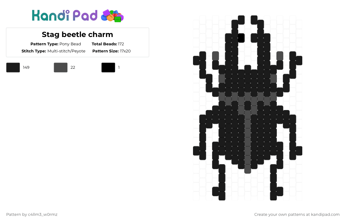 Stag beetle charm - Pony Bead Pattern by c4llm3_w0rmz on Kandi Pad - black,beetle,bug,charm,nature,stag beetle,cute