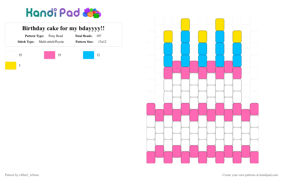 Birthday cake for my bdayyyy!! - Pony Bead Pattern by c4llm3_w0rmz on Kandi Pad - blue, charm, food, pink, white, yellow