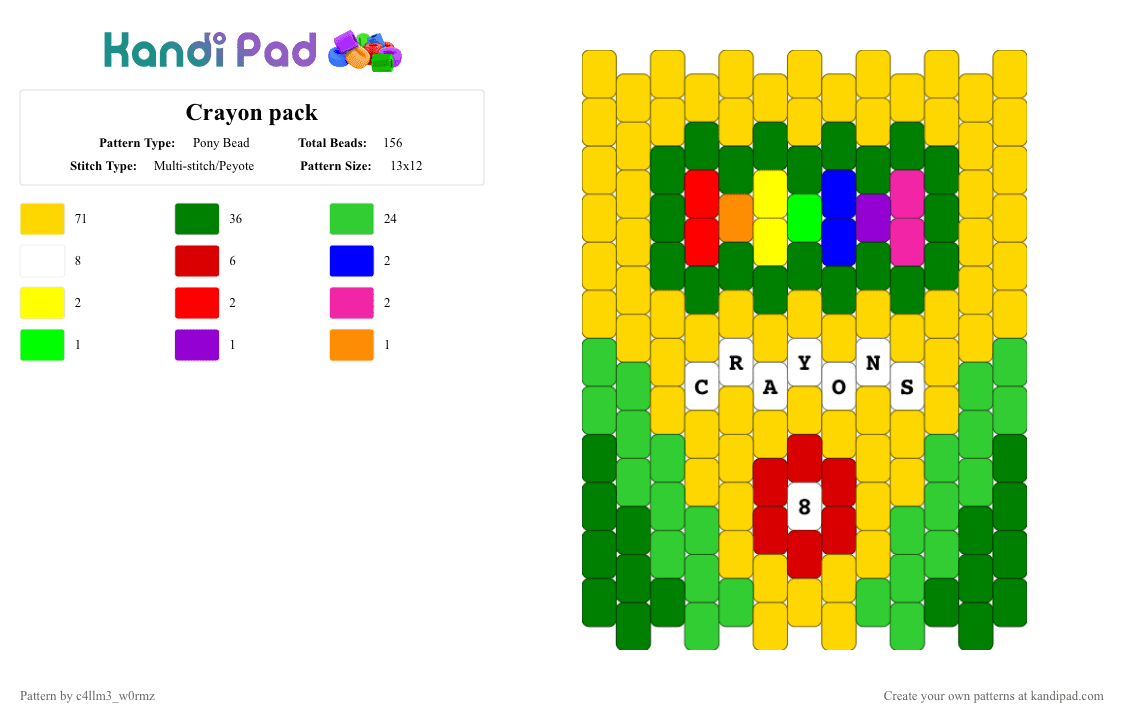 Crayon pack - Pony Bead Pattern by c4llm3_w0rmz on Kandi Pad - yellow,green,rainbow,charm,crayon,nostalgic