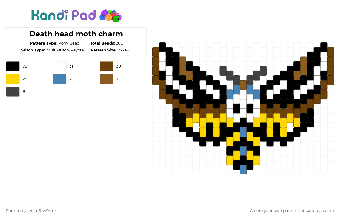 Death head moth charm - Pony Bead Pattern by c4llm3_w0rmz on Kandi Pad - black,yellow,brown,moth,bug,nature,skull,charm
