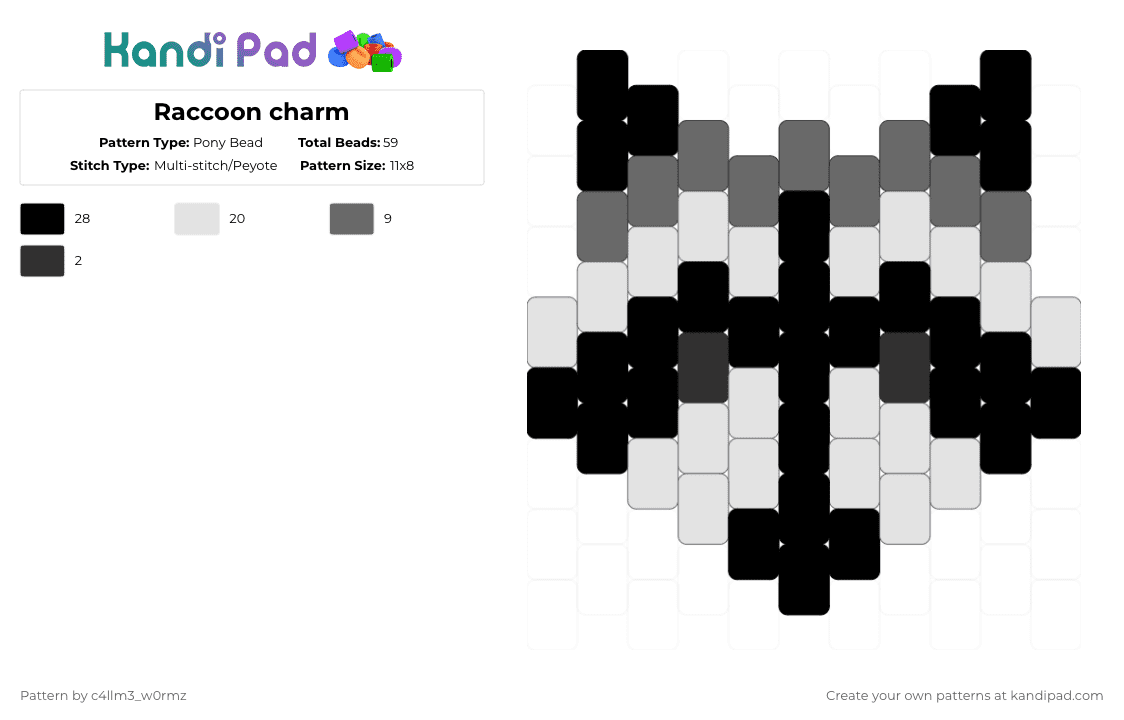 Raccoon charm - Pony Bead Pattern by c4llm3_w0rmz on Kandi Pad - white,gray,raccoon,charm,animal