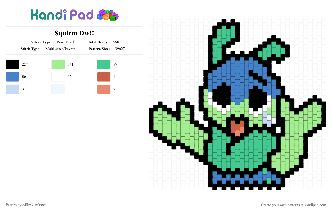 Squirm Dw!! - Pony Bead Pattern by c4llm3_w0rmz on Kandi Pad - green,blue,teal,squirm,dw,dandys world,bug,caterpillar,panel