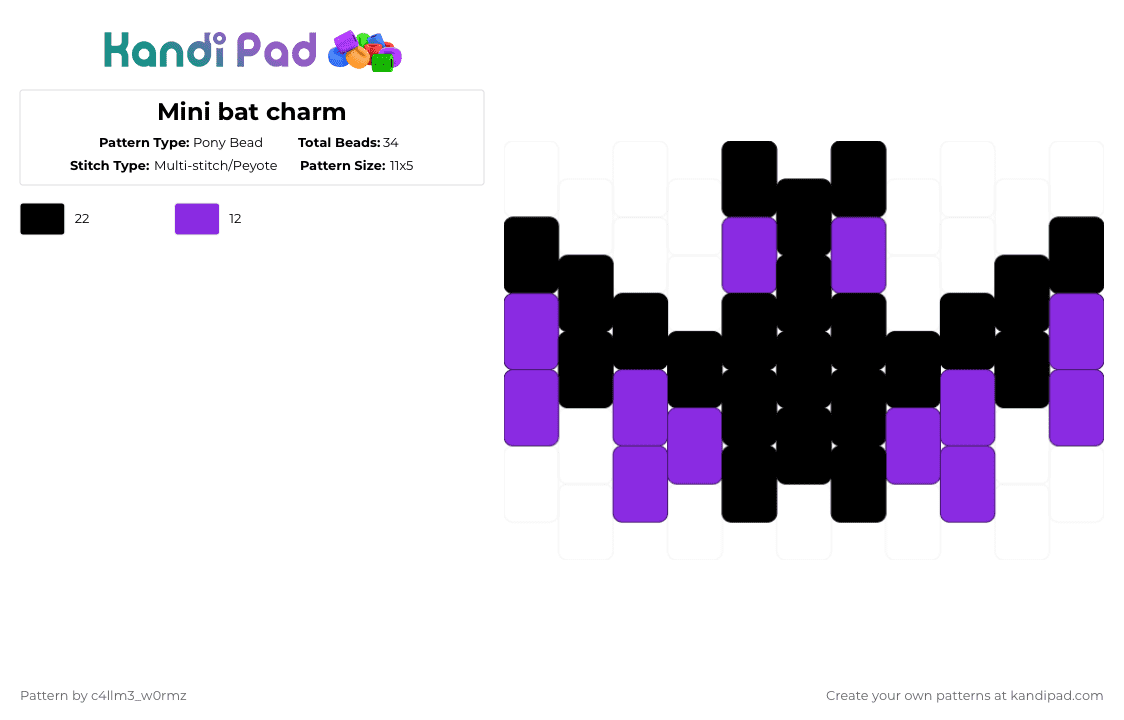 Mini bat charm - Pony Bead Pattern by c4llm3_w0rmz on Kandi Pad - black,purple,mini,bat,charm,easy,goth
