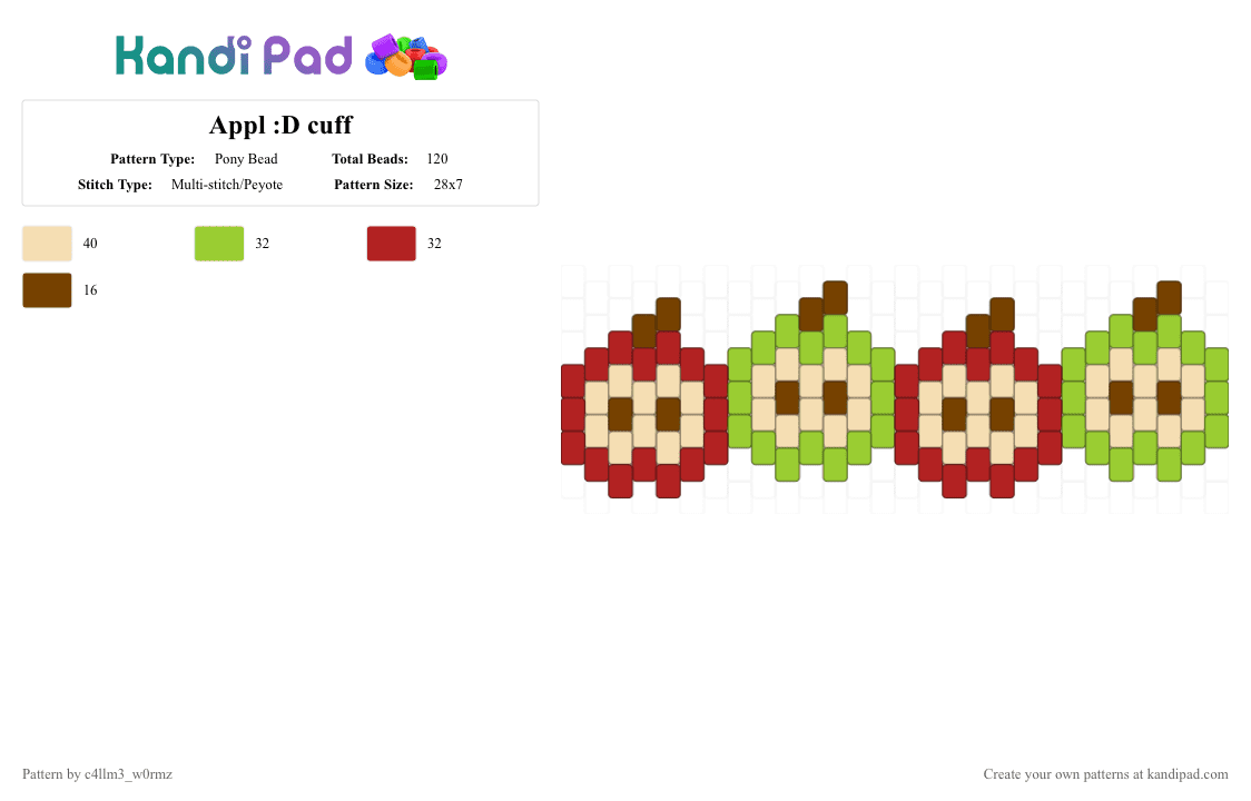 Appl :D cuff - Pony Bead Pattern by c4llm3_w0rmz on Kandi Pad - green,red,beige,cute,brown,tan,fruit