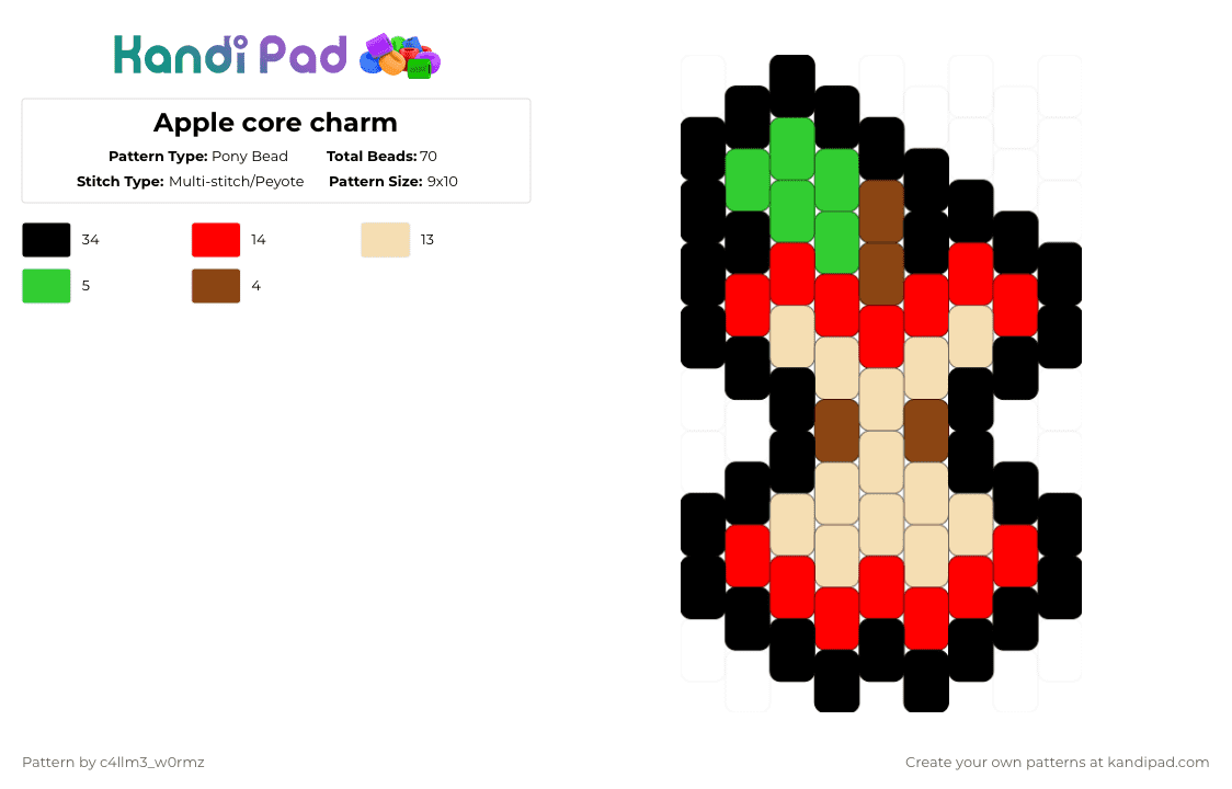 Apple core charm - Pony Bead Pattern by c4llm3_w0rmz on Kandi Pad - red,beige,apple,fruit,charm