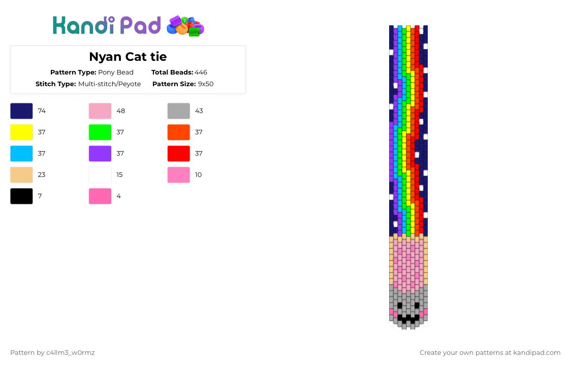 Nyan Cat tie - Pony Bead Pattern by c4llm3_w0rmz on Kandi Pad - red,purple,beige,pink,nyan cat,scene,tie