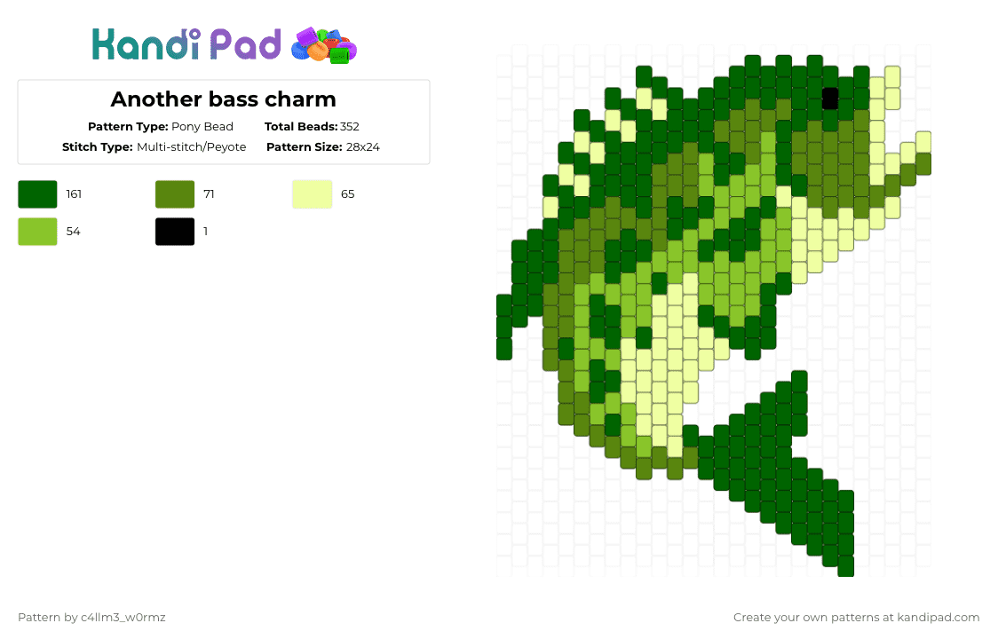 Another bass charm - Pony Bead Pattern by c4llm3_w0rmz on Kandi Pad - green,fish,bass,charm
