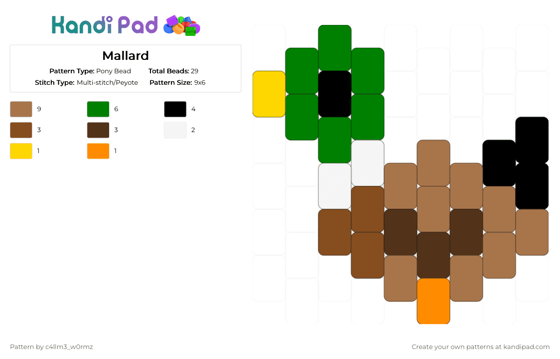Mallard - Pony Bead Pattern by c4llm3_w0rmz on Kandi Pad - animal, brown, cute, green, nature, orange, simple, tan, yellow