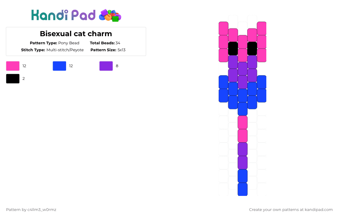 Bisexual cat charm - Pony Bead Pattern by c4llm3_w0rmz on Kandi Pad - pink,blue,cat,pride,bisexual,charm,cute,lgbtq