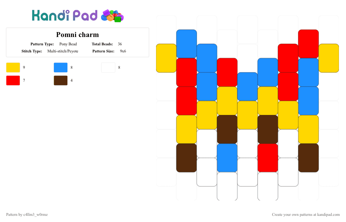 Pomni charm - Pony Bead Pattern by c4llm3_w0rmz on Kandi Pad - light blue,red,yellow,blue,tadc,panel,white,brown