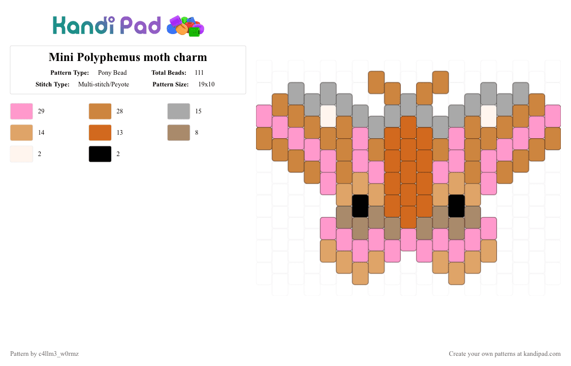 Mini Polyphemus moth charm - Pony Bead Pattern by c4llm3_w0rmz on Kandi Pad - orange,pink,grey,brown,nature,bug,insect,butterfly