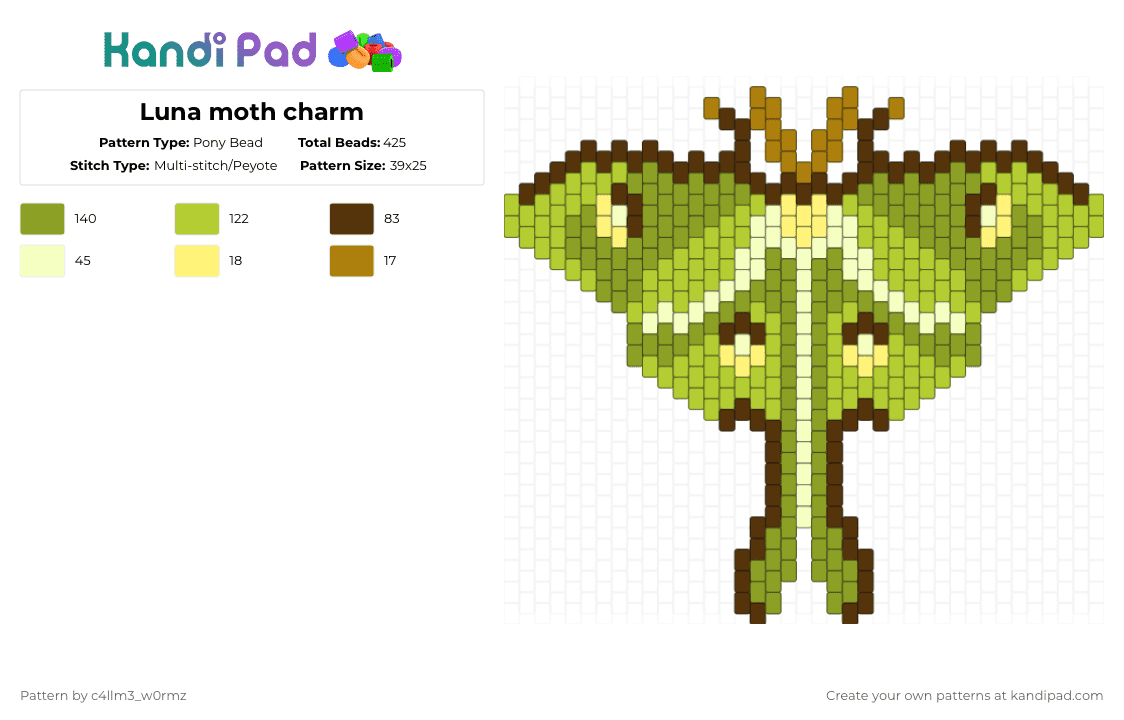 Luna moth charm - Pony Bead Pattern by c4llm3_w0rmz on Kandi Pad - green,charm,bug,moth,nature,luna,luna moth