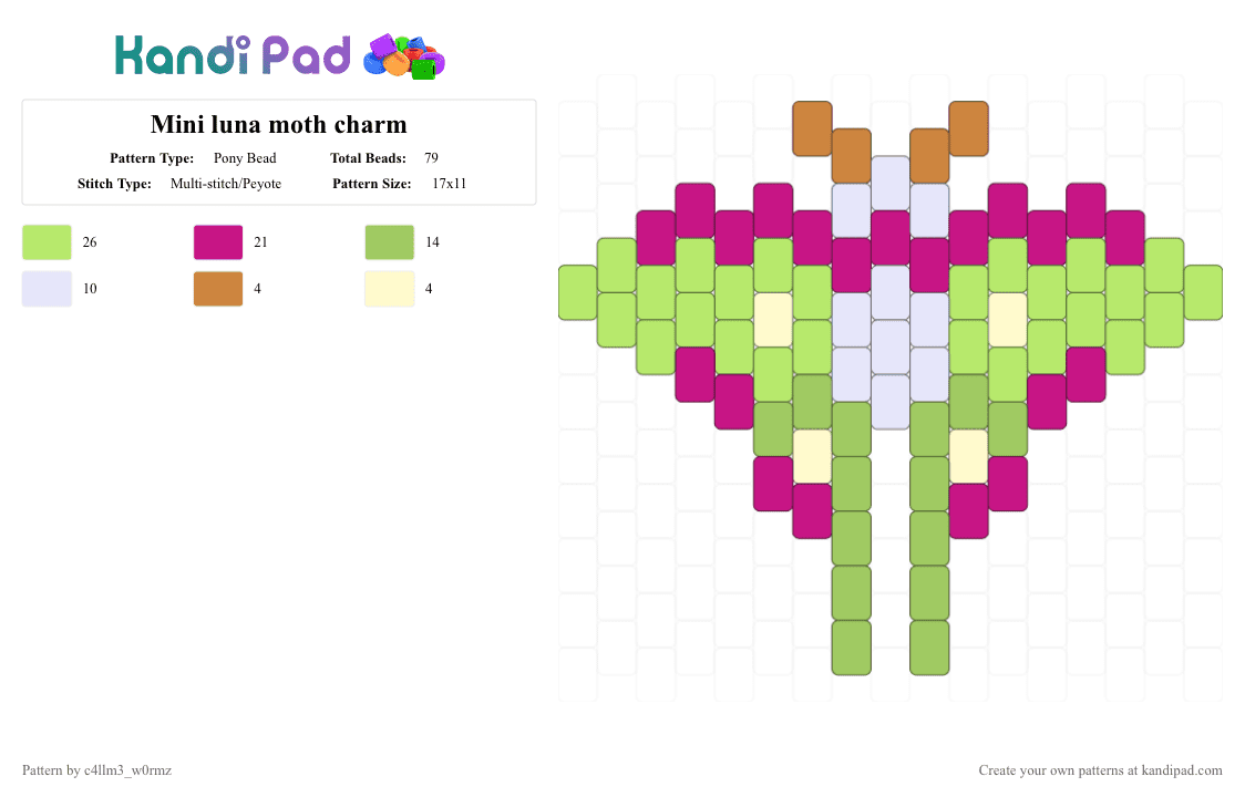 Mini luna moth charm - Pony Bead Pattern by c4llm3_w0rmz on Kandi Pad - pink,green,purple,yellow,nature,bug,cute,easy