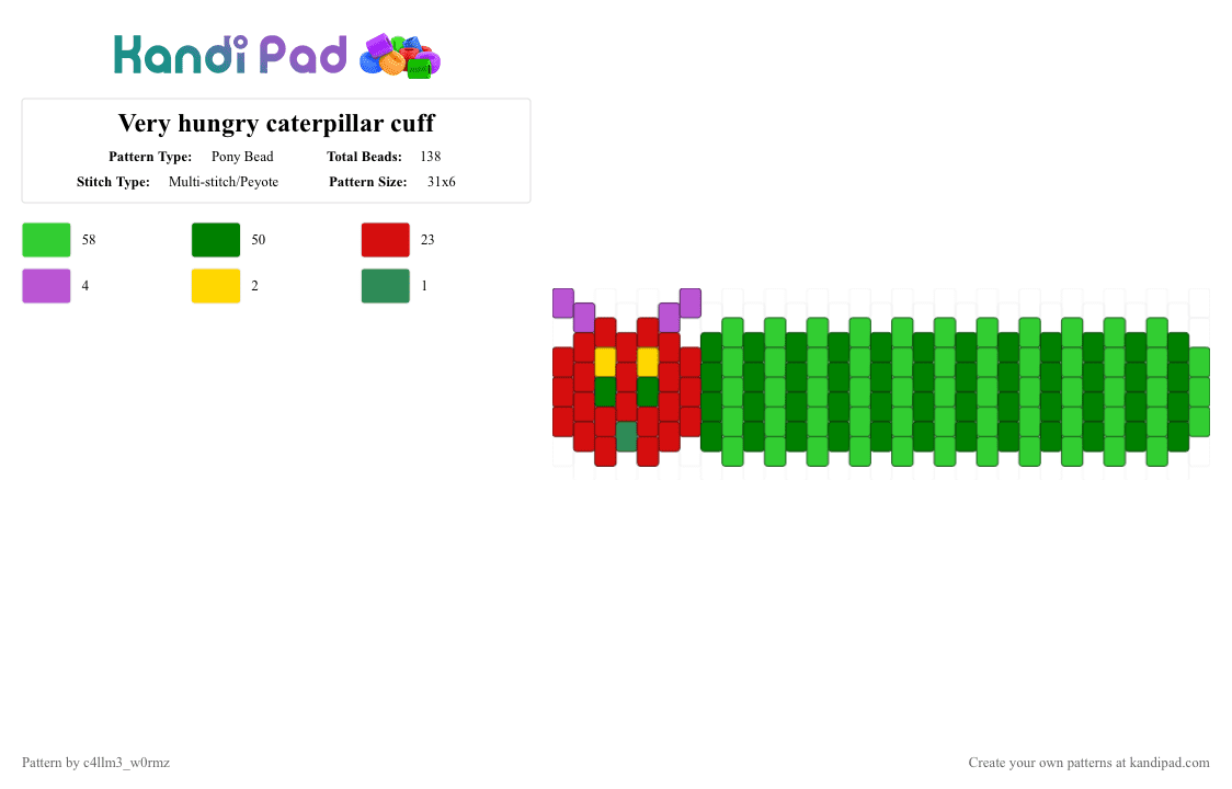 Very hungry caterpillar cuff - Pony Bead Pattern by c4llm3_w0rmz on Kandi Pad - green,red,nostalgia,purple,caterpillar,book