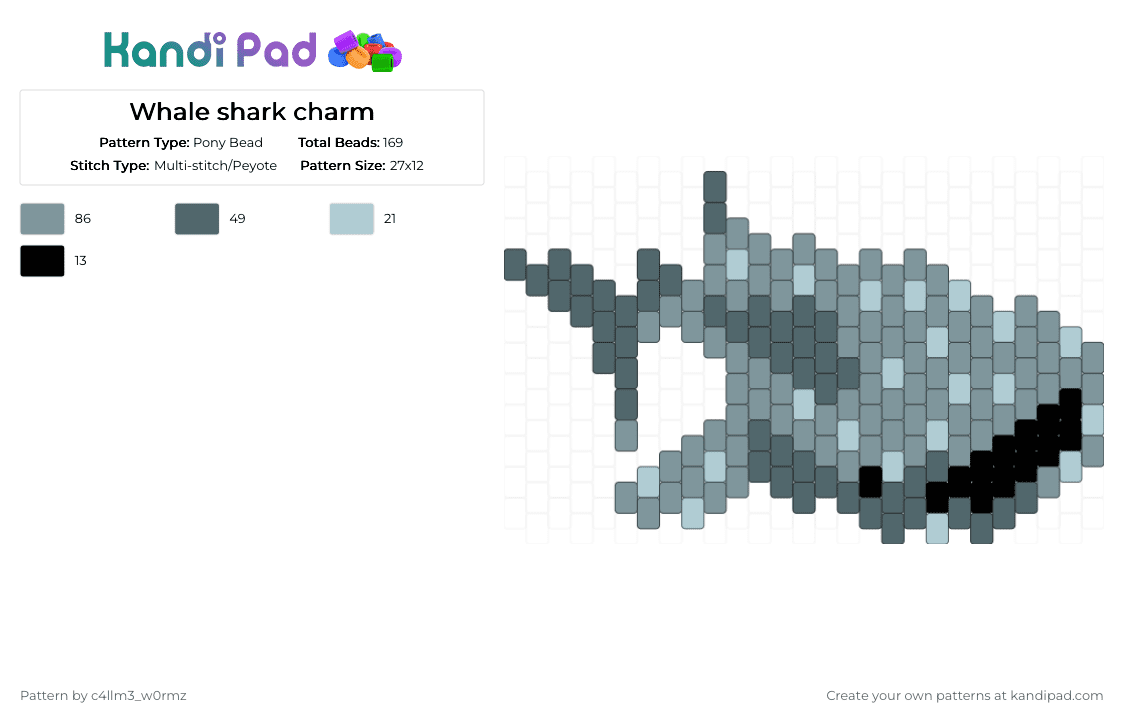 Whale shark charm - Pony Bead Pattern by c4llm3_w0rmz on Kandi Pad - gray,blue,teal,green,black,sea,animal