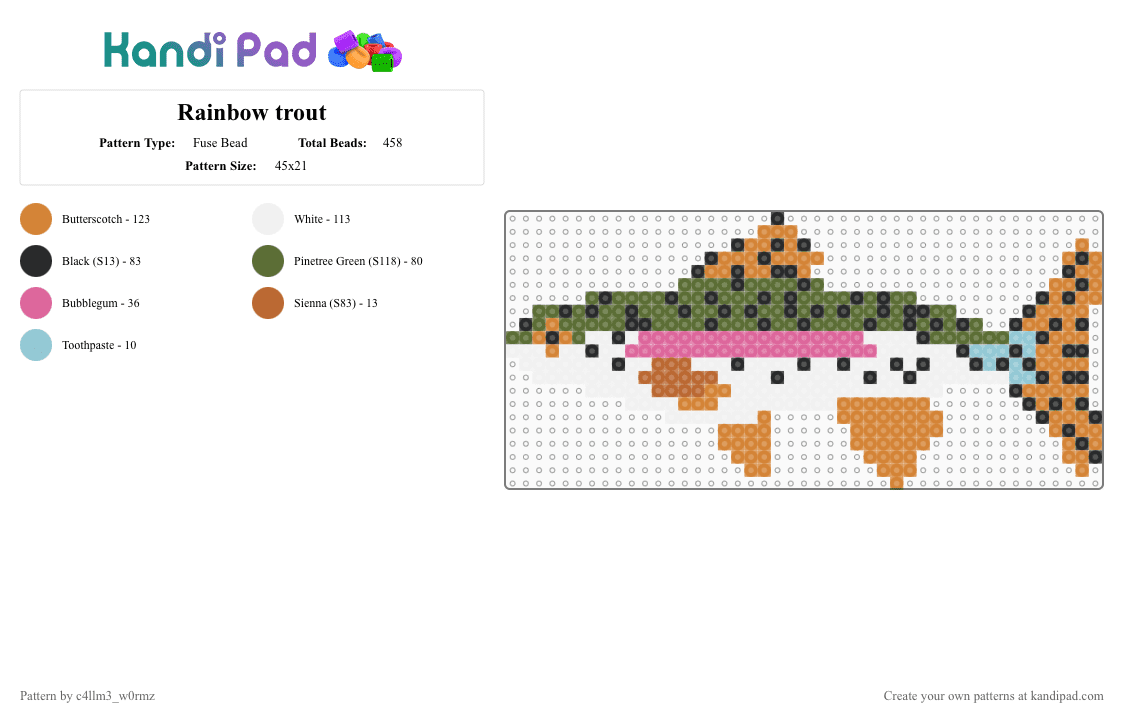 Rainbow trout - Fuse Bead Pattern by c4llm3_w0rmz on Kandi Pad - gold,orange,fish,green,pink,charm