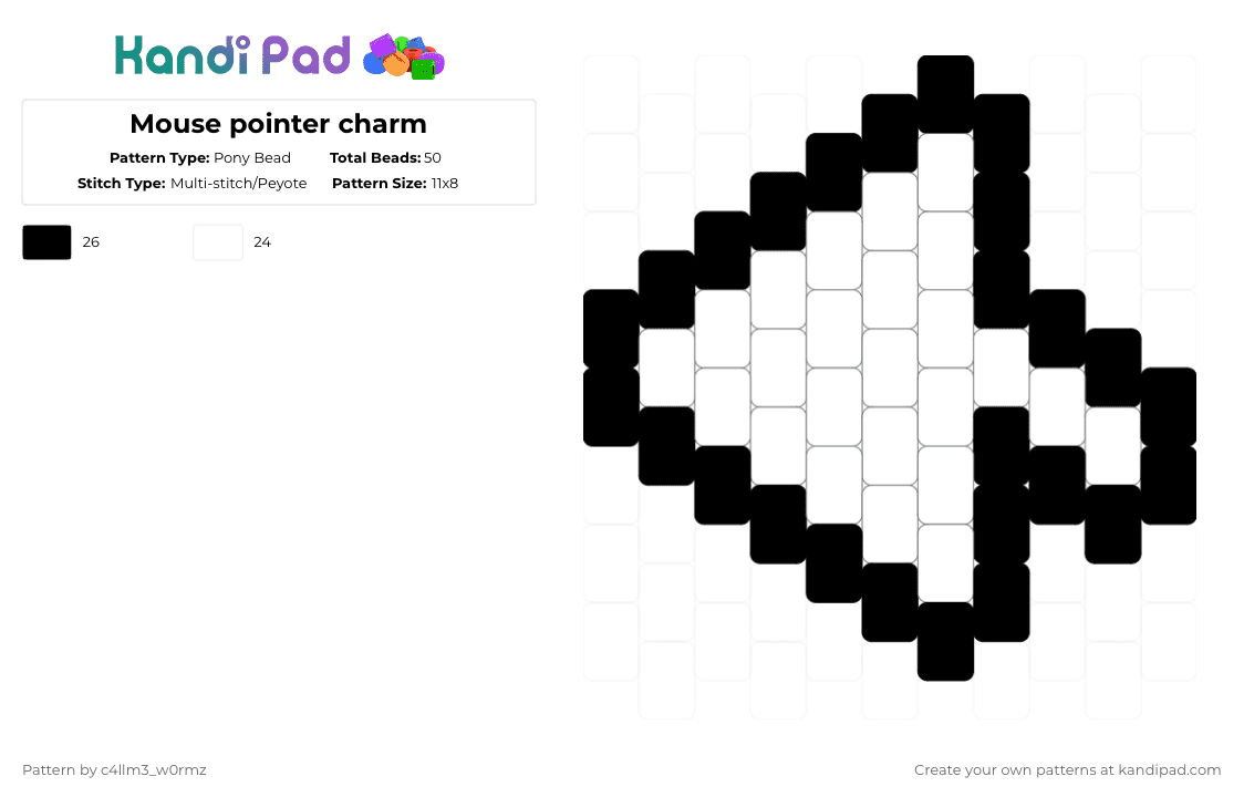 Mouse pointer charm - Pony Bead Pattern by c4llm3_w0rmz on Kandi Pad - black,white,charm,mini,small,scene