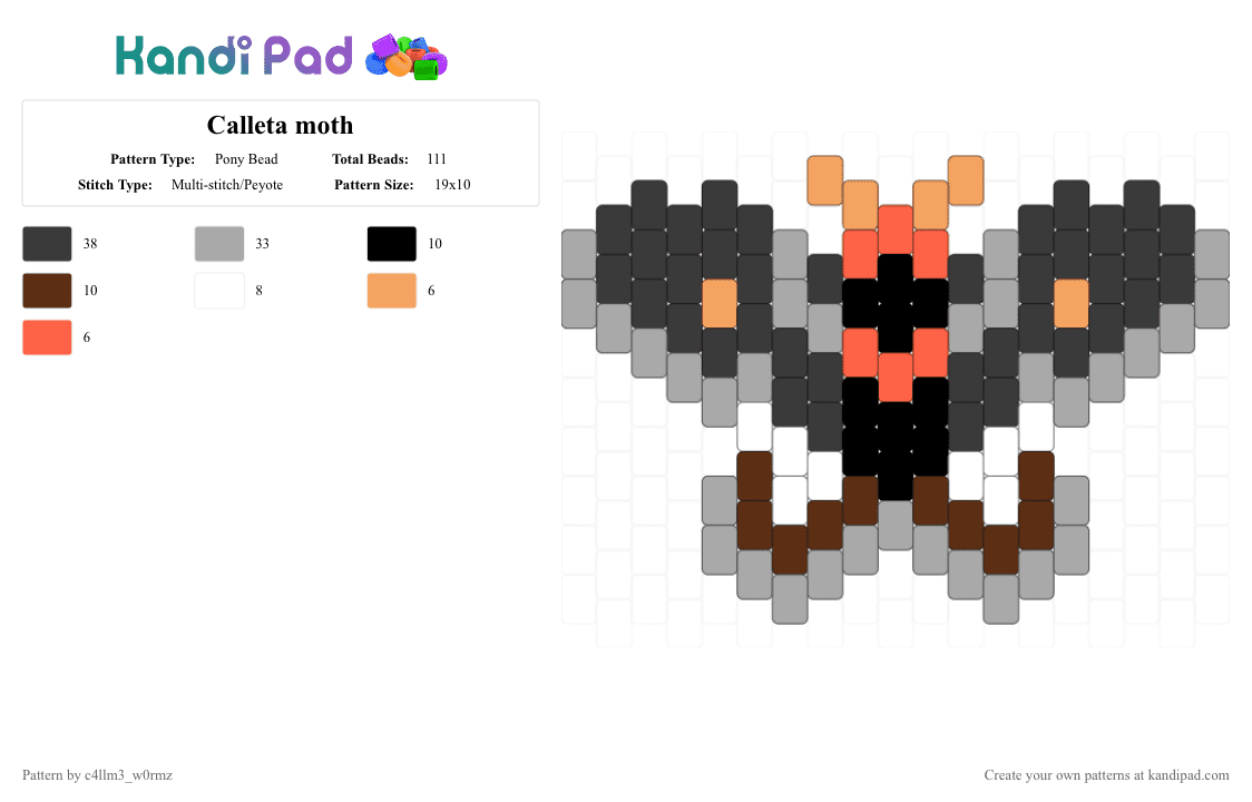 Mini calleta moth charm - Pony Bead Pattern by c4llm3_w0rmz on Kandi Pad - beige,nature,bug,insect,black,red,white,gray,yellow