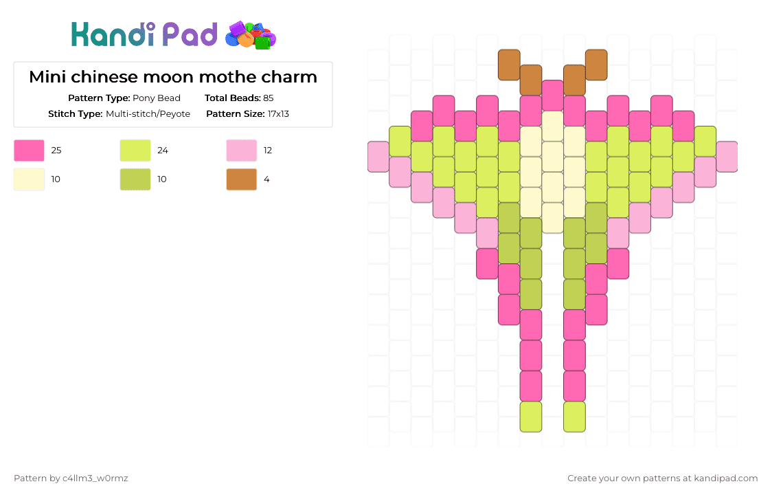 Mini chinese moon moth charm - Pony Bead Pattern by c4llm3_w0rmz on Kandi Pad - pink,yellow,green,bug,insect,nature,cute