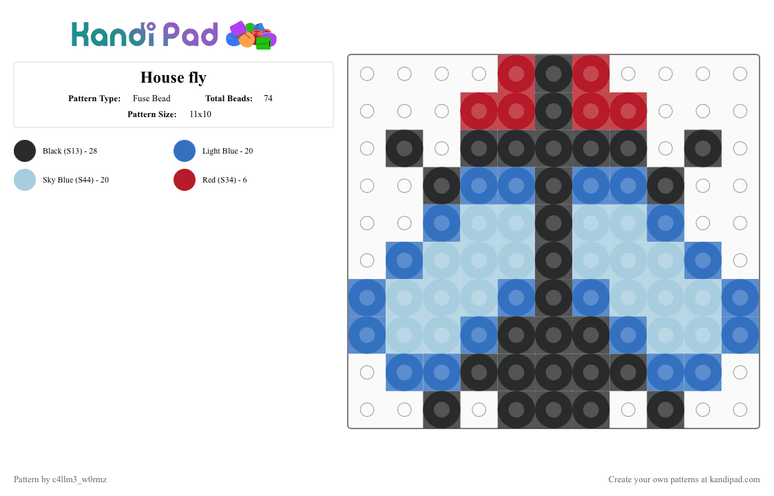 House fly - Fuse Bead Pattern by c4llm3_w0rmz on Kandi Pad - blue,light blue,charm,bug,insect,red,black