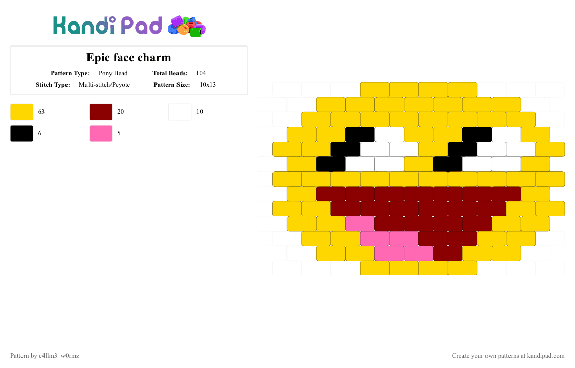 Epic face charm - Pony Bead Pattern by c4llm3_w0rmz on Kandi Pad - yellow,pink,red,white,black,scene