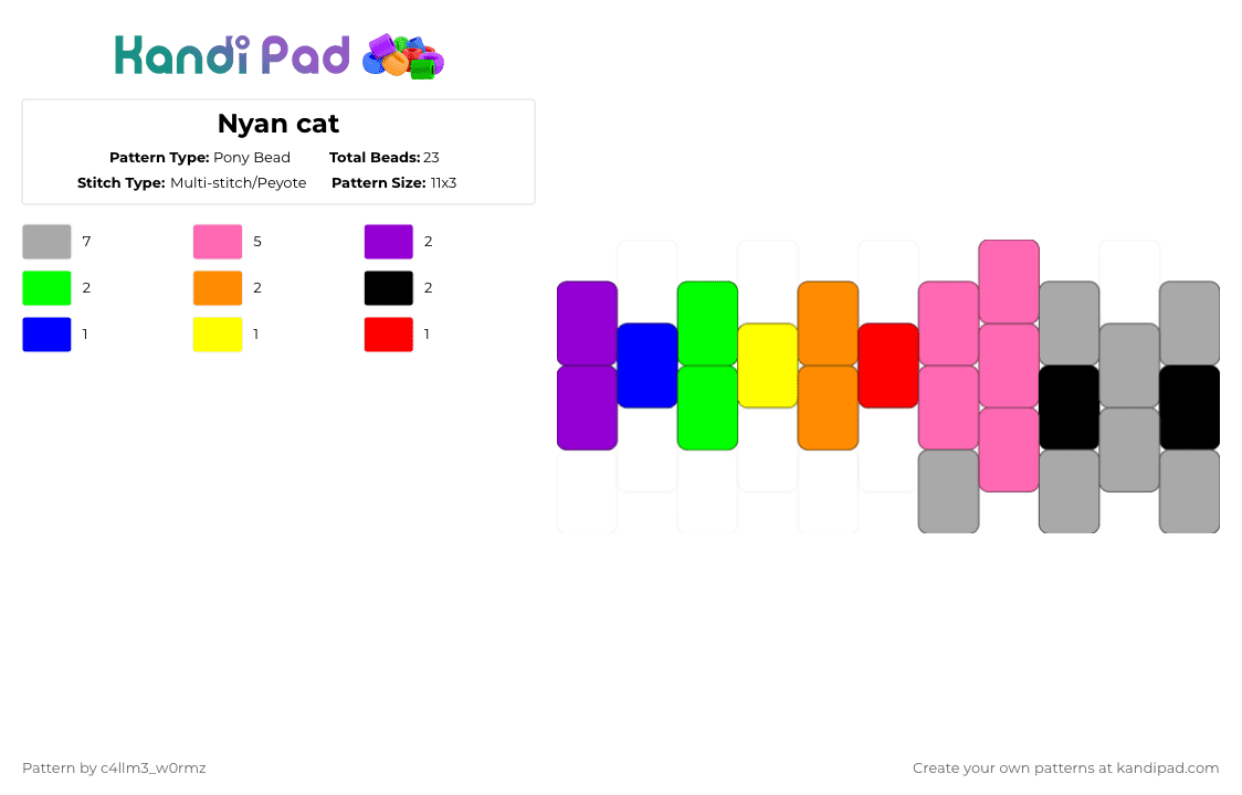 Nyan cat - Pony Bead Pattern by c4llm3_w0rmz on Kandi Pad - purple,pink,beige,nyan cat,nyan,cat,rainbow,poptart,charm,cute,scene