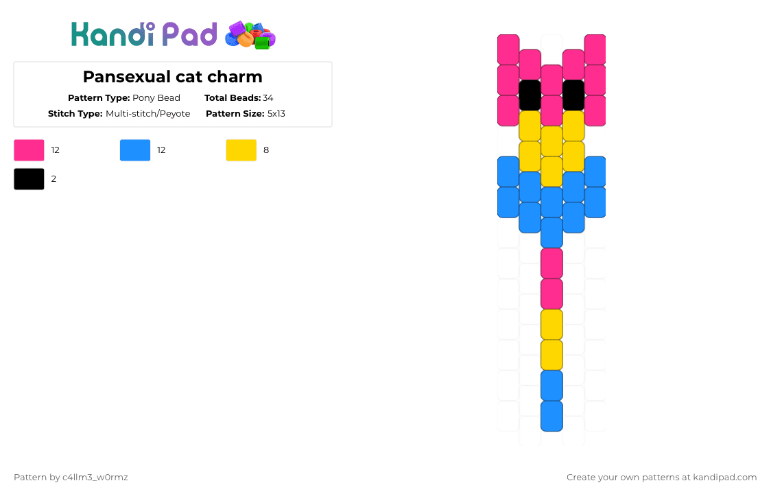 Pansexual cat charm - Pony Bead Pattern by c4llm3_w0rmz on Kandi Pad - cat, charm, lgbt, lgbtq, light blue, pan, pansexual, pink