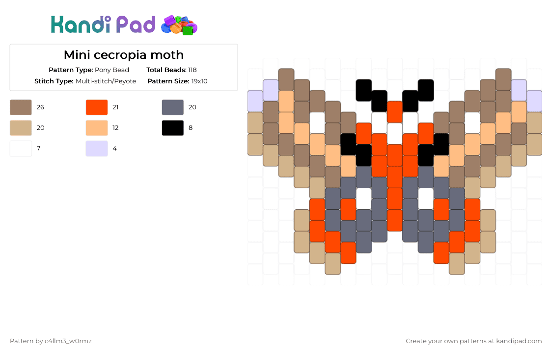 Mini cecropia moth - Pony Bead Pattern by c4llm3_w0rmz on Kandi Pad - red,gray,tan,beige,brown,white,nature,cute,simple,easy