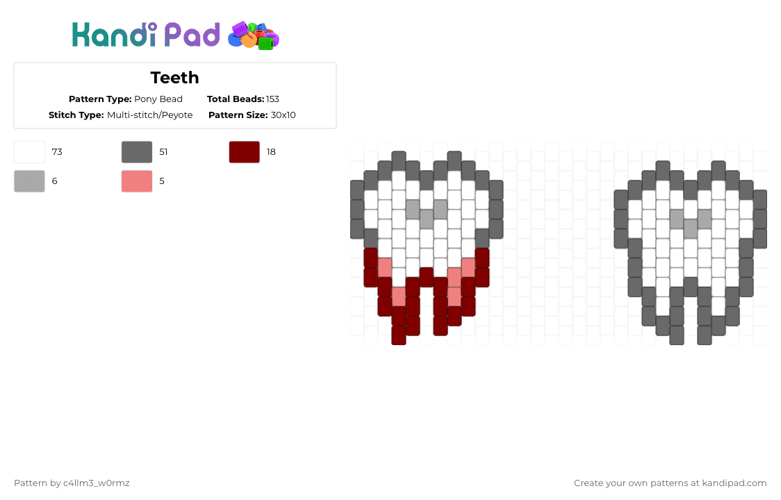 Teeth - Pony Bead Pattern by c4llm3_w0rmz on Kandi Pad - white,gray,teeth,skull,weird,charm