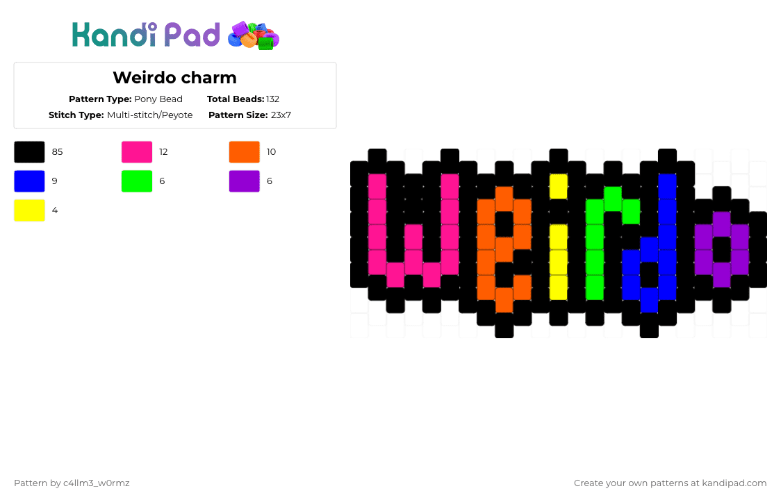 Weirdo charm - Pony Bead Pattern by c4llm3_w0rmz on Kandi Pad - black,pink,orange,purple,weirdo,weird,charm,rainbow,scene