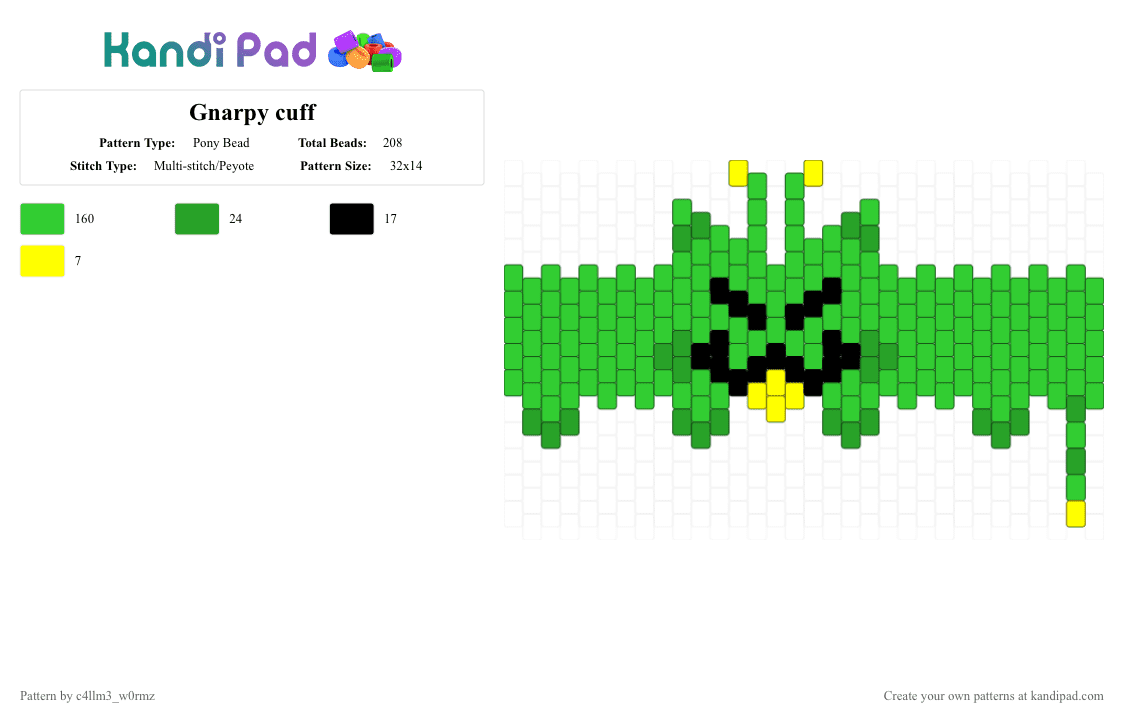 Gnarpy cuff - Pony Bead Pattern by c4llm3_w0rmz on Kandi Pad - green,regretevator,cat,alien,yellow
