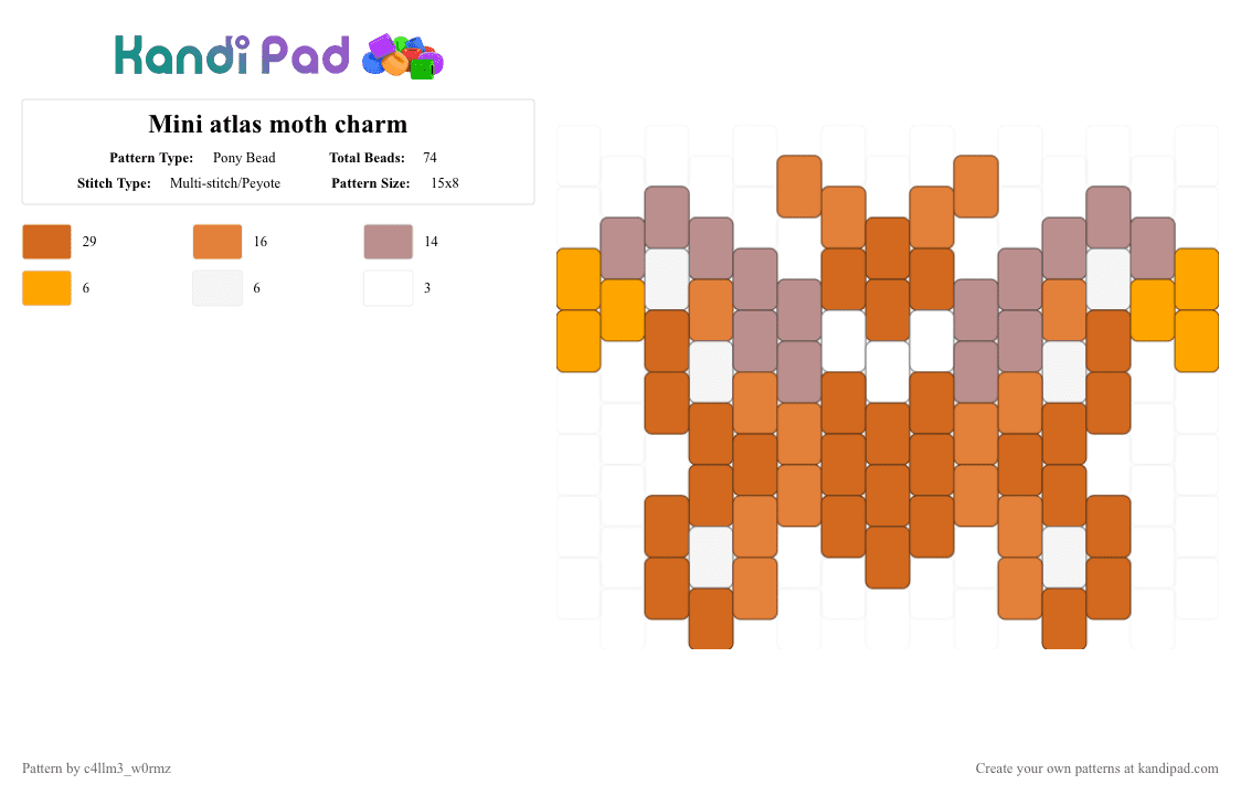 Mini atlas moth charm - Pony Bead Pattern by c4llm3_w0rmz on Kandi Pad - orange,insect,bug,nature,yellow,cute,easy,simple