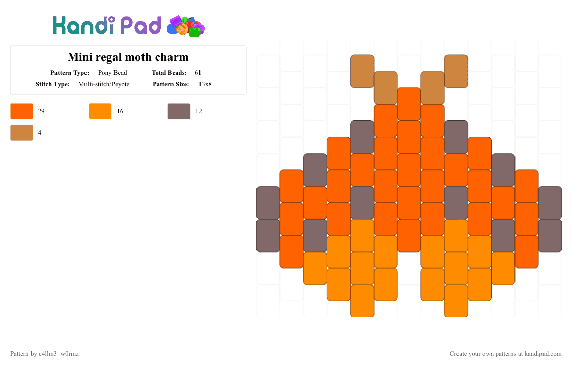 Mini regal moth charm - Pony Bead Pattern by c4llm3_w0rmz on Kandi Pad - orange,red,grey,nature,bug,insect