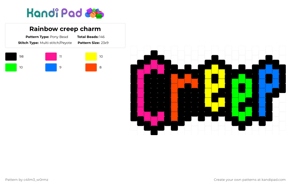 Rainbow creep charm - Pony Bead Pattern by c4llm3_w0rmz on Kandi Pad - black, blue, charm, colorful, creep, rainbow, scene, yellow