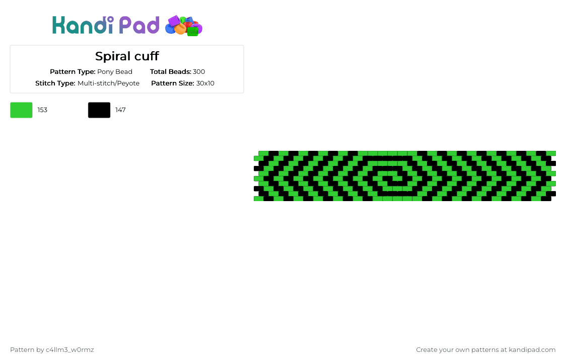 Spiral cuff - Pony Bead Pattern by c4llm3_w0rmz on Kandi Pad - black, circle, emo, geometric, green, rave, scene, spiral