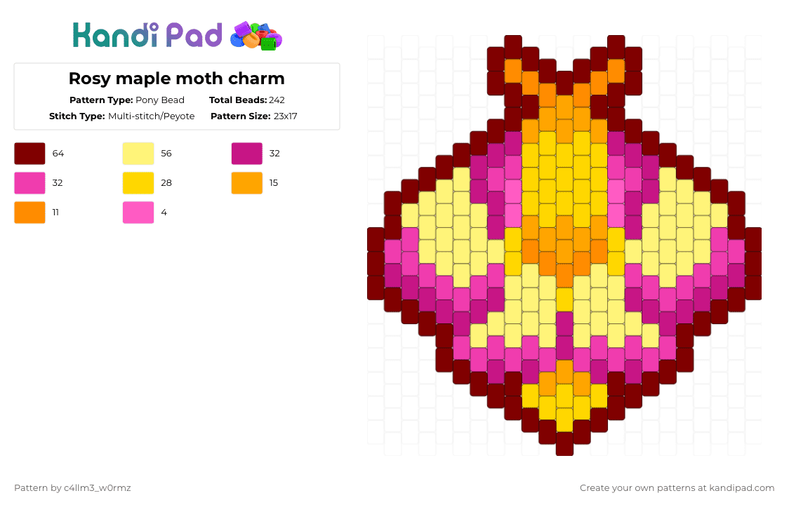 Rosy maple moth charm - Pony Bead Pattern by c4llm3_w0rmz on Kandi Pad - brown,yellow,pink,charm,moth,bug