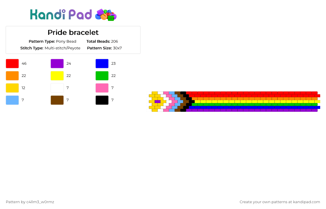 Pride bracelet - Pony Bead Pattern by c4llm3_w0rmz on Kandi Pad - red,orange,green,colorful,rainbow,panel,charm