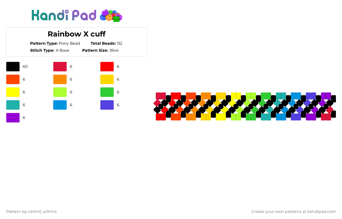 Rainbow X cuff - Pony Bead Pattern by c4llm3_w0rmz on Kandi Pad - black,red,green,colorful,x cuff,x base,neon,rainbow,scene