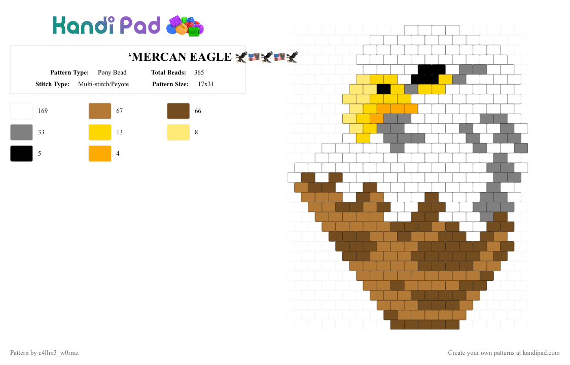 ‘MERCAN EAGLE 🦅🇺🇸🦅🇺🇸🦅 - Pony Bead Pattern by c4llm3_w0rmz on Kandi Pad - white,tan,cotdmemorialdayusa2026,brown,yellow,bird,charm,panel,nature