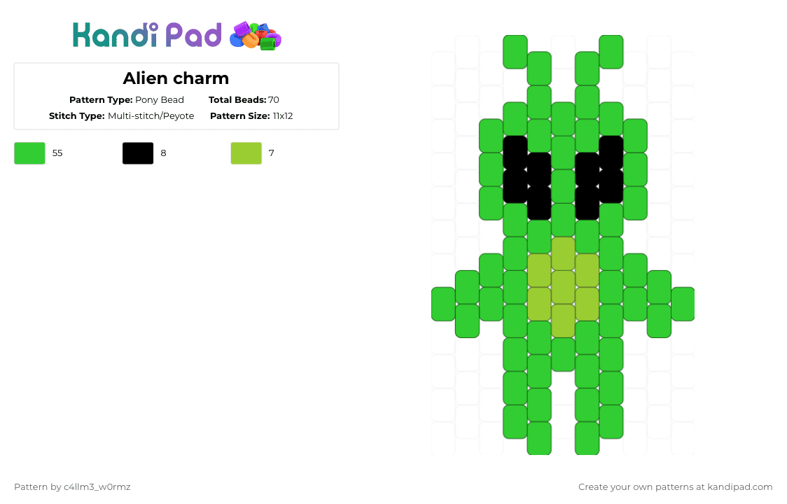 Alien charm - Pony Bead Pattern by c4llm3_w0rmz on Kandi Pad - green,alien,charm,cote,small,easy,scene