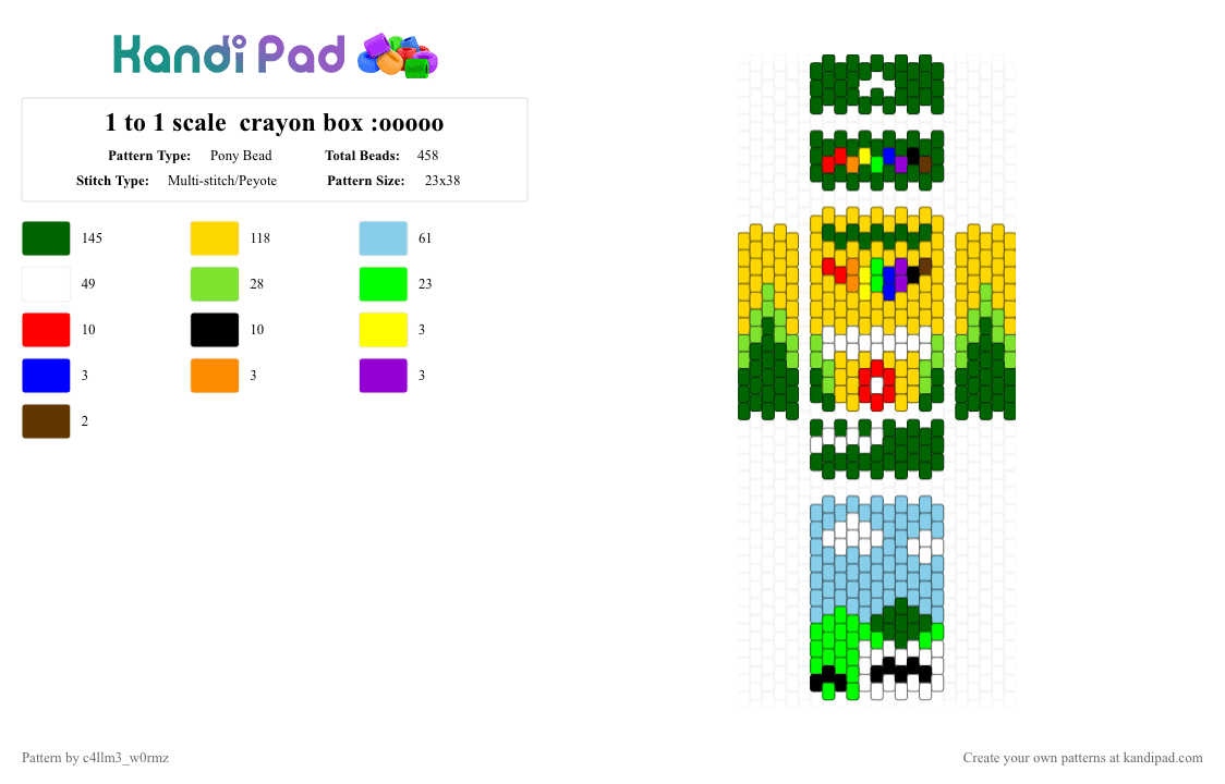 1 to 1 scale  crayon box :ooooo - Pony Bead Pattern by c4llm3_w0rmz on Kandi Pad - green,yellow,light blue,nostalgic,rainbow,cute,scene,kidcore,panel,purse,bag