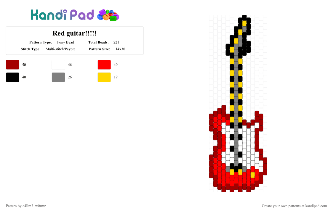 Red guitar!!!!! - Pony Bead Pattern by c4llm3_w0rmz on Kandi Pad - red,music,black,white,yellow,charm,emo,scene