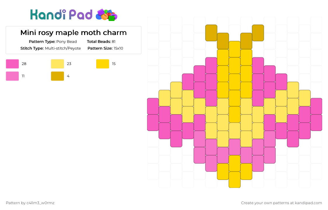 Mini rosy maple moth charm - Pony Bead Pattern by c4llm3_w0rmz on Kandi Pad - yellow,pink,nature,cute,easy,simple