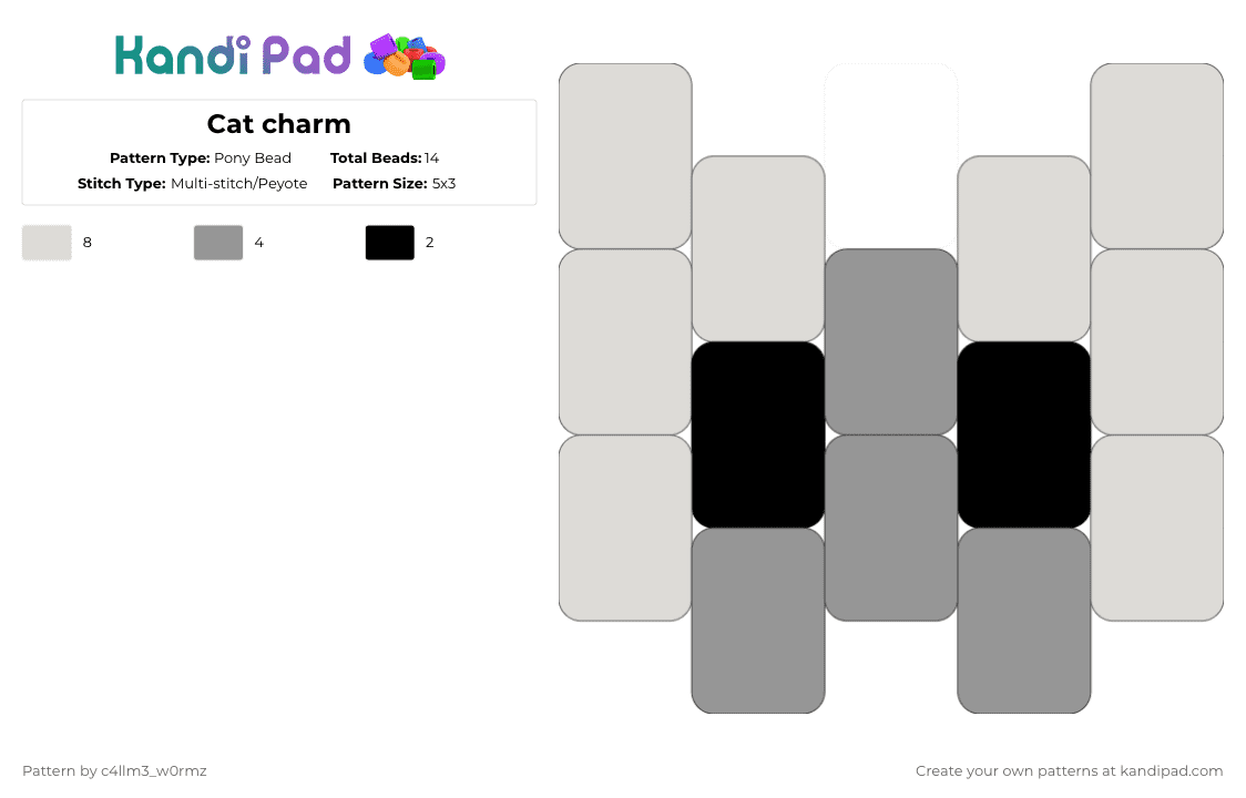 Cat charm - Pony Bead Pattern by c4llm3_w0rmz on Kandi Pad - white,gray,cat,cotdcuteanimals,charm,small